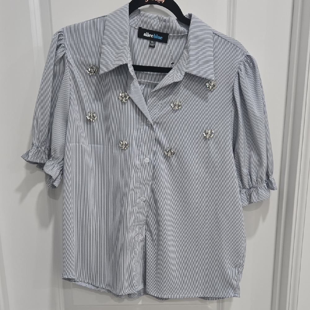 Alice Blue Striped Blouse with Floral Embellishments